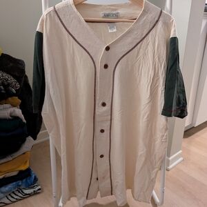 Ash City Cream Baseball-Style Button Front Shirt with Green Sleeves
